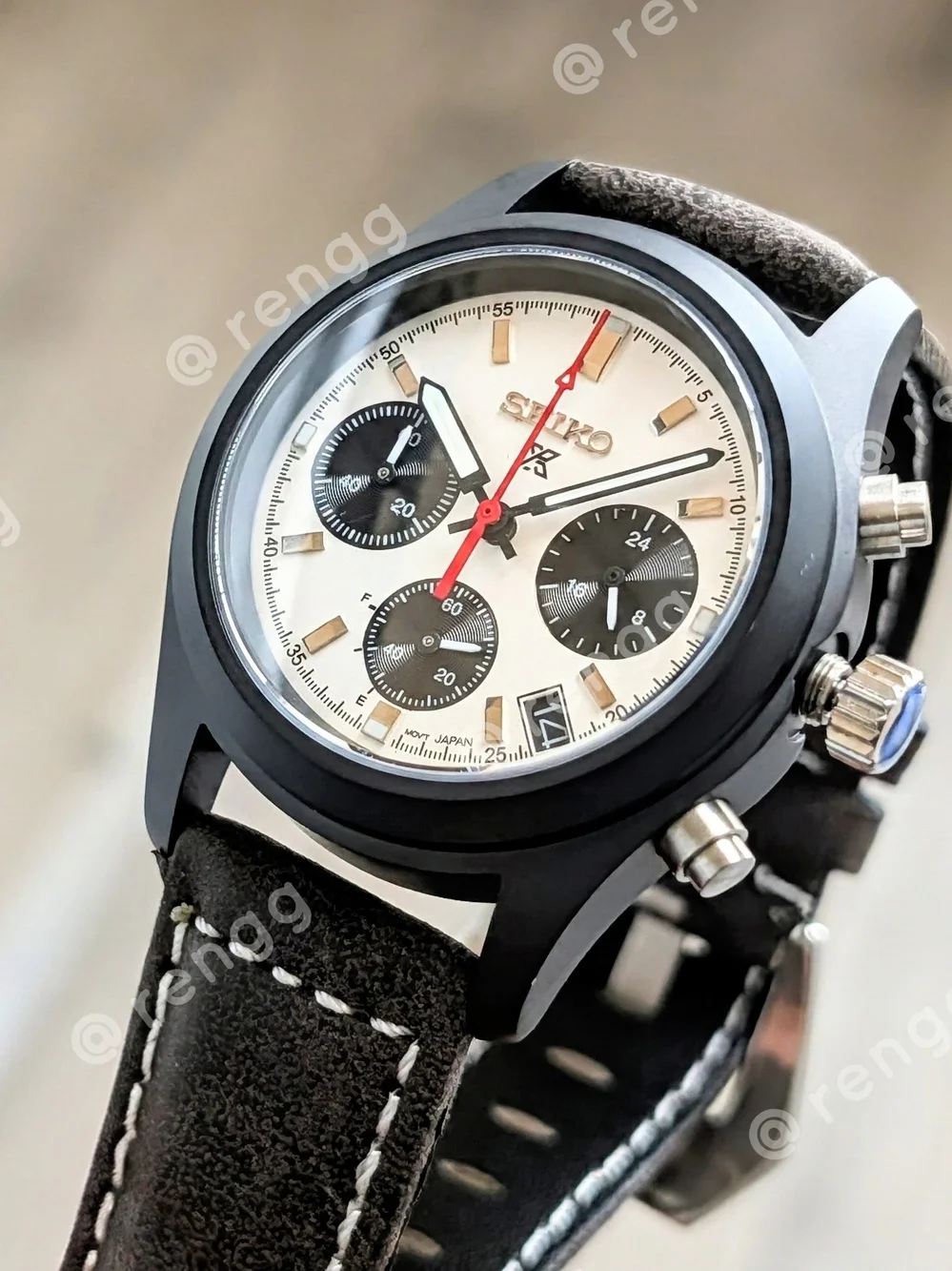 39mm Seiko Men’s Black Case Panda Chronograph Mod Watch Sapphire